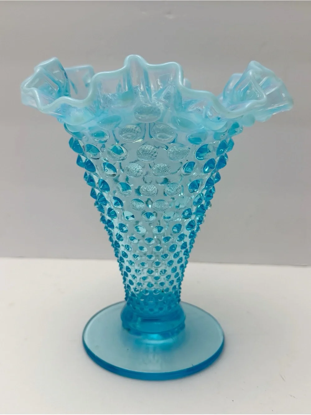 Vintage Fenton Glass Aqua Blue Opalescent Hobnail Ruffled Vase 7 7/8”